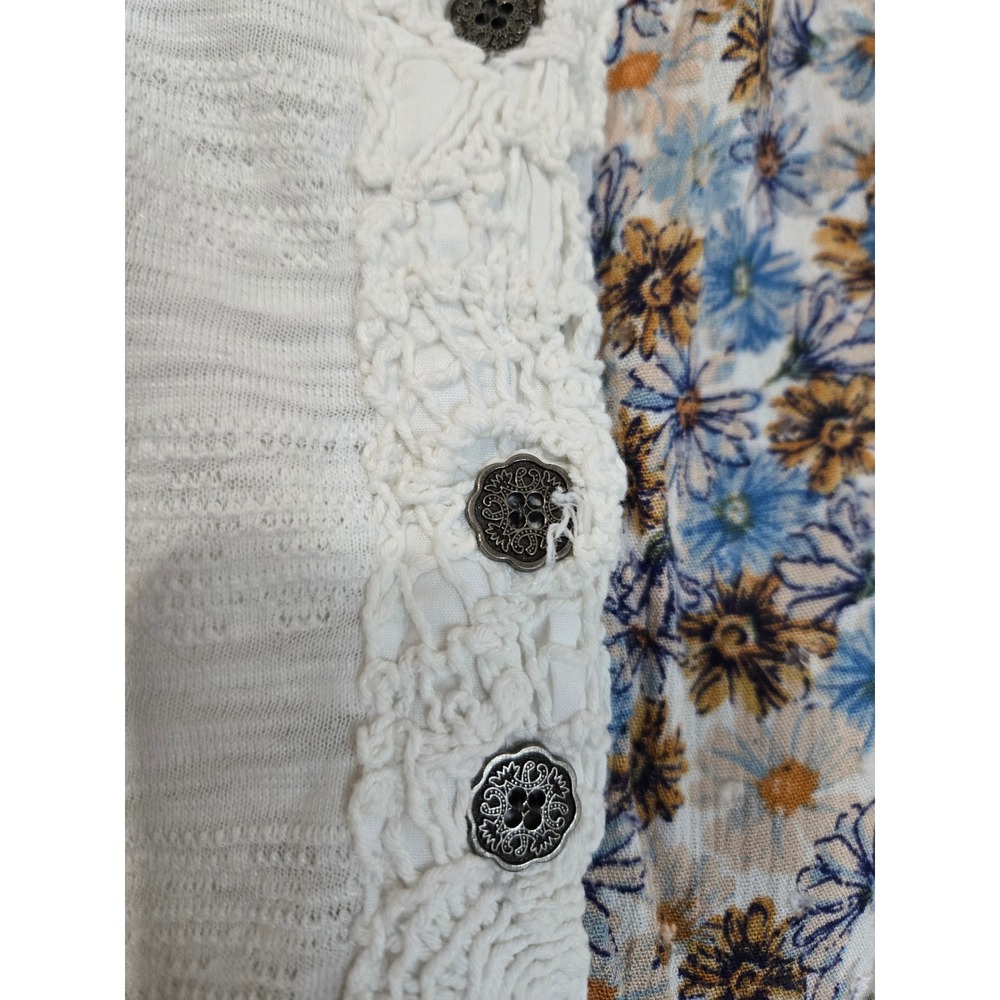 POL Boho Mixed Media Floral Crochet Lace Henley Hoodie White Blue Relaxed Top L - Picture 5 of 6